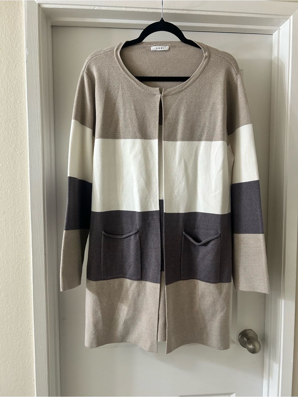 Sioni Colorblock Open-Front Cardigan - Taupe White Charcoal